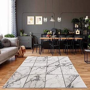 carpet city Vloerkleed woonkamer - tegellook 140x200 cm grijs gemêleerd - moderne tapijten laagpolig