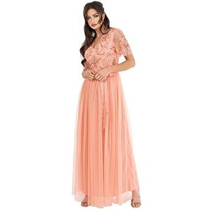 Womens maxi jurk dames baljurk voor bruiloft gast verfraaid stropdas taille V-hals bruidsmeisje prom avond gelegenheid abrikoos blozen maat 6 UK, abrikoos blozen, 32