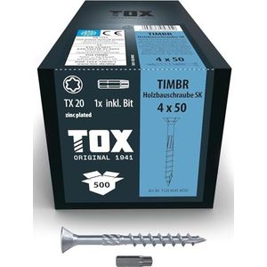 TOX Houtbouwschroeven TIMBR SK 4,0 x 50 mm, blauw verzinkt met verzonken kop, TX20, schroeven voor gemakkelijk indraaien en vlakke montage in houtbouw, 500 stuks in doos, incl. 1x bit, 112040414050