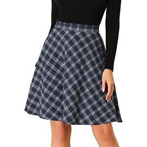 Allegra K Dames geruite rok feestelijk A-lijn hoge taille kamgaren geruit midirok, donkerblauw, S