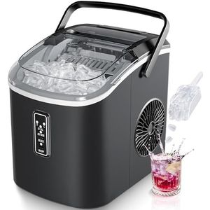 EUHOMY Compacte ijsblokjesmachine, 9 ijsblokjes klaar in 6 minuten, 12 kg/dag, zelfreinigend, met draaggreep, mand en schep, 2 ijsblokjesmaten, voor thuis, keuken, kantoor, zwart