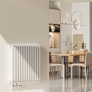 EMKE D-vormige radiator, 600 x 594 mm, paneelradiator, horizontaal design, dubbele laag, platte radiator, zijaansluiting, wit, 969 W