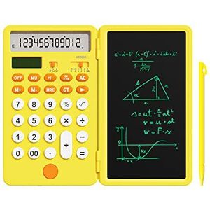 NEWYES Verbeterde oplaadbare basisrekenmachine, met 16,5 cm notitieblok, 12-cijferige standaardrekenmachine, 2-in-1 functie, draagbaar, voor kantoorschool (geel)