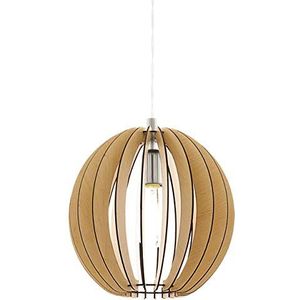 EGLO Cossano Hanglamp, 1-lichts, vintage-moderne hanglamp van mat vernikkeld staal en esdoornhout, voor eettafel en woonkamer, E27-fitting, diameter 3