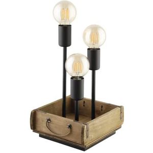 EGLO Tafellamp Wootton, 3-lichts nachtlampje in vintage design, nachtlamp van bruin hout en zwart metaal, tafel lamp voor woonkamer met schakelaar, E27 fitting