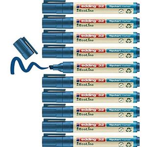 edding 32 EcoLine flipchart marker - blauw - 10 stiften - beitelpunt 1-5 mm - stift voor schrijven, tekenen op flip-over papier - drukt niet door - droogt niet uit- intensieve kleur - navulbaar