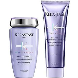 Kérastase Verzorgingsset met shampoo tegen vergeling en haarconditioner voor beschadigd en gebleekt haar, met hyaluronzuur, Bain Ultra-Violet & Cicaflash Conditioner, Blond Absolu (2 x 250 ml)