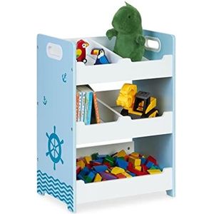 Relaxdays speelgoedkast, 5 vakken, MDF, HxBxD: 60 x 42,5 x 30 cm, opbergrek kinderkamer, klein speelgoedrek, wit/blauw