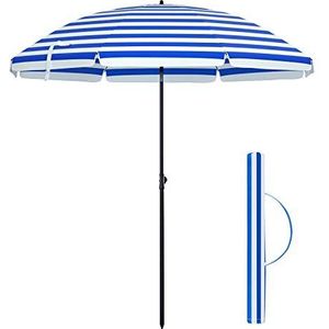 SONGMICS Parasol voor strand, Ø 200 cm, tuinscherm, uv-bescherming tot UPF 50+, knikbaar, draagbaar, parasolribben, van glasvezel, blauw-wit gestreept GPU65WU