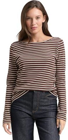 TOM TAILOR T-shirt met lange mouwen voor dames, 39137 - Brown Offwhite Tee Stripe, XL