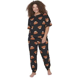 Trendyol Damespyjama-set voor dames met slogan knit en T-shirt-rousers plus size pyjama (2 stuks), Antraciet, 4XL grote maten