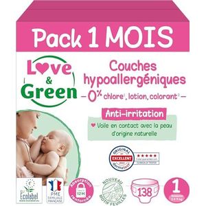 Love & Green - Gezonde en milieuvriendelijke babyluiers – maat 1 (2-5 kg) – verpakking 1 maand (138 luiers) – absorberend, lekvrij en zonder ongewenste ingrediënten