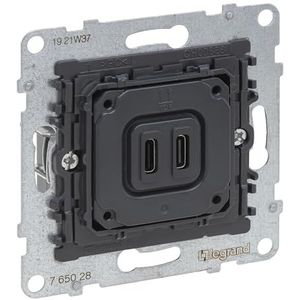 LEGRAND, SEANO 2-voudige USB-laadcontactdoos-inzetstuk, 2x type C laadstroom: 3 A bij 5 V bij één apparaat, 1,5 A bij gelijktijdig opladen, 765028