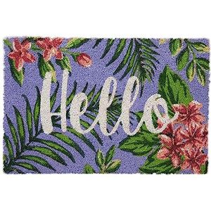 Relaxdays deurmat kokos 'hello', kokosmat met tekst, bloemen en planten, 40x60 cm, voordeurmat, antislip, kleurrijk