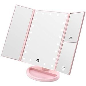 WEILY Make-upspiegel, 1 x / 2 x / 3 x drievoudig gevouwen make-upspiegel met 21 ledlampen en verstelbaar touchscreen, verlichte spiegel, make-upspiegel voor werkblad (roze)