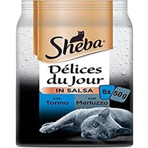 Sheba Délice Du Jour Natvoer voor katten met tonijn en kabeljauw in saus, 12 verpakkingen met 6 zakjes x 50 g per 50 g: totaal 3600 g