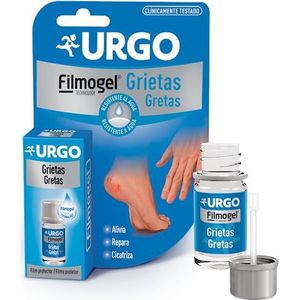 Urgo Filmogel scheurbehandeling, behandeling van scheuren in handen en voeten, verlicht pijn, bevordert genezing en voorkomt heropening van scheuren. 3,25 ml fles met geïntegreerde spatel