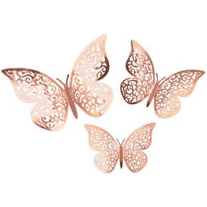 3D Zelfklevende Vlinders Stickers x 12 Rose Goud