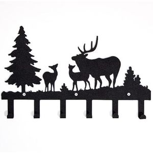 Homemania HOMESRV-128 Kledinghaken voor Kerstmis, dieren, bos, herten met haken, muurkunst, wandingang, hal, zwart, metaal, 42 x 28 cm