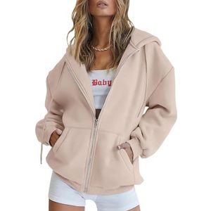 Trendy Queen Oversized capuchontrui voor dames met rits, herfst/winterkleding, trendy, casual sweater, jas winter 2024, Abrikoos, M