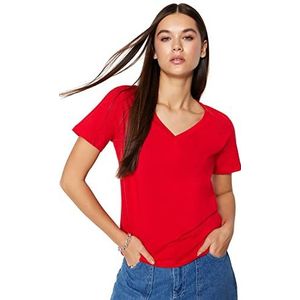 Trendyol Dames Basics Regular fit Basic V-hals gebreid T-shirt, rood, S, Rood, S