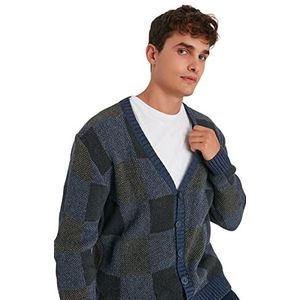 Trendyol Heren V-hals Plaid Regular Cardigan Sweater, Indigo, M, Indigo, M