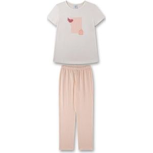 Sanetta Meisjespyjama, beige, hoogwaardige en comfortabele pyjama van modal mix voor meisjes, korte mouwen, pyjama met boeketnaam print, pyjamaset voor meisjes, beige, 176 cm