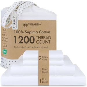 Threadmill Home Linen 1200 draadtelling 100% SUPIMA ELS katoenen lakenset, California King Laken, Super Luxe beddengoed, California King 4-delige set, wit, glad satijnweefsel.