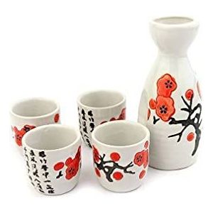 lachineuse - Kersenbloesem sake set - met 4 kommen en karaf - Japanse sake glazen - Chinees Aziatisch Servies Gift - Traditionele Japanse Floral Porselein Sake Service - Wit & Rood