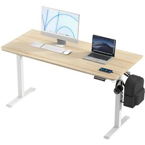 kowo Bureau, elektrisch, in hoogte verstelbaar, 160 x 70 cm, met touchscreen, ergonomische sta-zitting, staand bureau, verstelbaar, 73-120 cm hoog, witte stalen poten en beige tafelblad