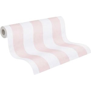 Kinderkamerbehang Lilly & Luis by A.S. Création: effen vliesbehang met streepdesign, 10,05 m x 0,53 m, crème, roze, made in Germany, 770782.