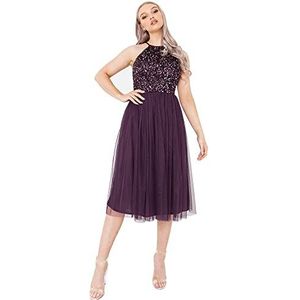 Maya Deluxe Dames midi-jurk met halter hals tule voor avondafstuderen prom bruiloft bruidsmeisjes baljurk, Bessen, 32