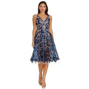 Dress the Population Women's Blair Plunging Fit and Flare Midi Dress Dress, Navy/Nude, L