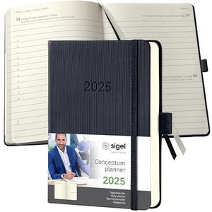 SIGEL C2511 Dagkalender 2025, ca. A6, zwart, hardcover, 400 pagina's, elastiek, penlus, archieftas, PEFC-gecertificeerd, Conceptum