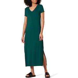 Amazon Essentials Dames Jersey V-hals Korte Mouw Midi-lengte Jurk, Donkergroen, X-Small