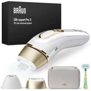Braun Silk-expert Pro 5 PL5152 Pulserend licht, ontharing thuis, alternatief voor laserontharing, IPL-haarverwijderaar met hoes, Venusscheerapparaat, 2 opzetstukken voor gezicht en lichaam, wit/goud