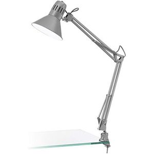 EGLO Tafellamp Firmo, 1-lichts klemlamp, vintage, industrieel, retro, bureaulamp van staal en hoogwaardig kunststof, klemlamp in zilver, lamp met schakelaar, E27-fitting