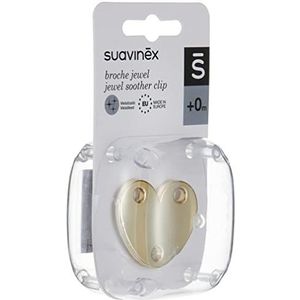 Suavinex, Fopspeenhouder, fopspeenketting, clip met clip, broche - sieraden metallic effect, voor baby's + 0 maanden, geschikt voor pasgeborenen, hartvorm, goudkleurig