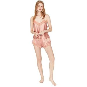 Trendyol Damespyjama set effen kant/net/fijn weefsel, zalmkleurig, 64, Zalmkleuren., 64