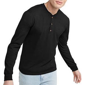 Hanes Henley-overhemd voor heren, katoen, lange mouwen, Schwarz, XL
