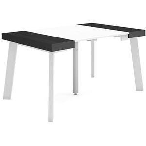 Skraut Home Uittrekbare consoletafel, eettafel, 140 cm, voor 6 personen, houten poten, moderne stijl, zwart en wit