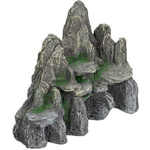 Relaxdays aquarium decoratie, rots met grot, ornament voor aquarium en terrarium, staand, 21 cm hoog, grijs-groen
