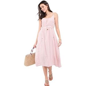 Bonateks Damesjurk, 100% linnen, gemaakt in Italië, lange jurk met bandjes met veters aan de voorkant en zakken, roze, maat: XL, Roze, XL