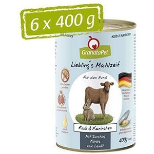 GranataPet Liebling's Mahlzeit kalf en konijn, natte hondenvoer, voedsel voor volwassen honden zonder granen zonder toegevoegde suikers, compleet voer 6 x 400 g