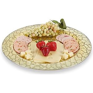 Relaxdays serveerbord, structuurglas look, voor hapjes, koekjes, vlees, Ø 36 cm, ronde serveerschaal plat, goudkleurig