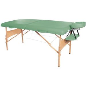 3B Scientific Massage-/therapieligstoel, behandelingsligstoel, natuurlijk houten frame, inklapbaar en draagbaar, in hoogte verstelbaar, groene bekleding.