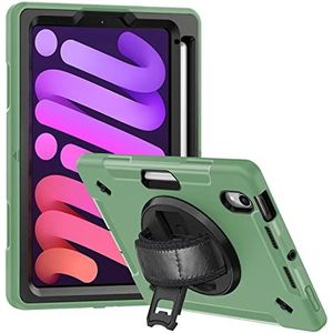 Beschermhoesje voor iPad Mini 6, 8,3 inch, robuuste beschermhoes met 360 graden draaibare standaard, polsband & penhouder, groen
