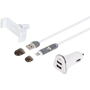 TURBOCAR - Autolader – USB-oplaadset 3 in 1 – 1 sigarettenaansteker 12 – 24 V – 2 USB-poorten 5 V – 1 smartphone-houder – 1 platte kabel 2 in 1 – kabellengte: 1 m – kleur: wit