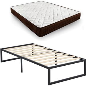 HOGAR24 ES - Lattenbodem Kio + matras Dream Flex - metalen frame met houten latten en visco-elastische matras van 90 x 190 cm - Opbergplatform van 35 cm, eenvoudige montage, zwart