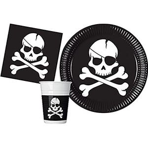 Ciao- Party Table Set Pirates Black Skull 24 people (88 pcs: 24 paper plates Ø23cm, 24 plastic cups 200ml, 40 paper napkins 33x33cm), Y4649